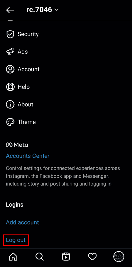 Go back to the settings page, scroll down, and tap on Log out