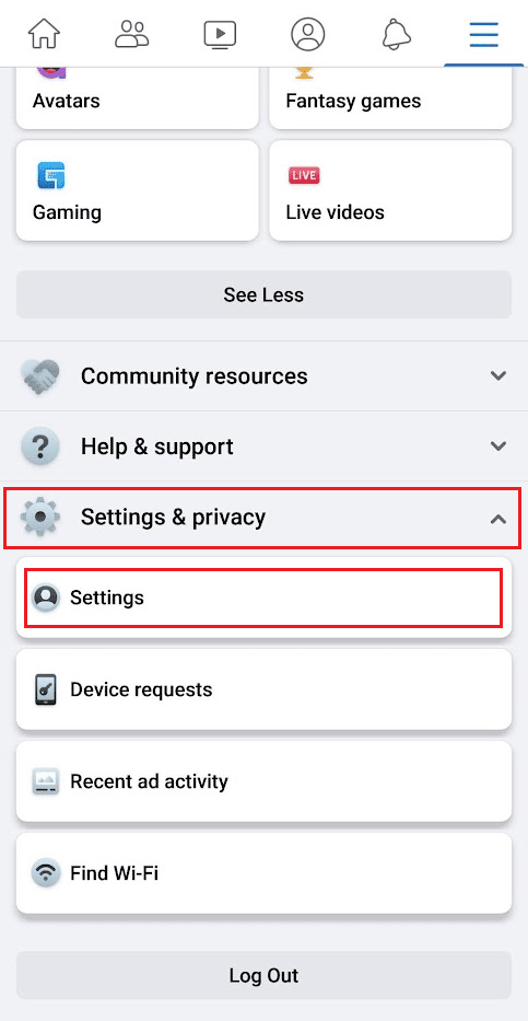 Tap on Settings & privacy - Settings | How to Download All Facebook Photos at Once