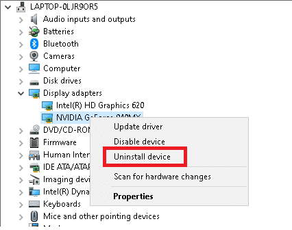 Now, right-click on the video card driver and select Uninstall device | Fix Windows 10 Computer Keeps Crashing