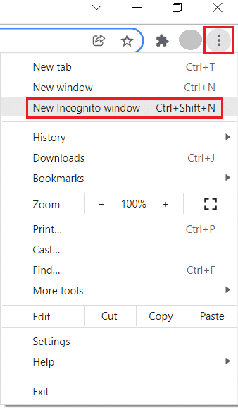 kliknite na ikonu troch bodiek a vyberte nové okno inkognito v prehliadači Google Chrome