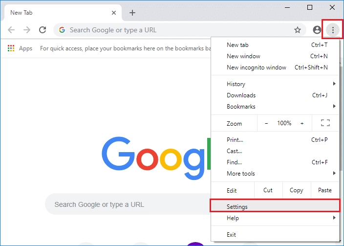 Kliknij ikonę trzech kropek, a następnie kliknij Ustawienia w przeglądarce Chrome