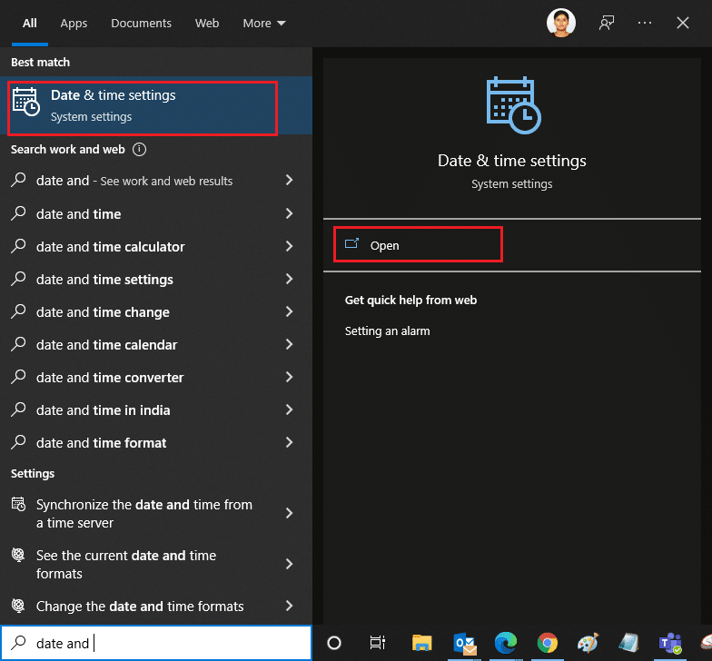 Hit the Windows key and type Date and time settings 