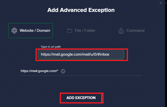 Type the url in url path and click on add exception