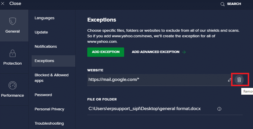 If you want to remove the URL from the Avast whitelist, then in the main Settings window, hover over your URL and click on the Trash icon 