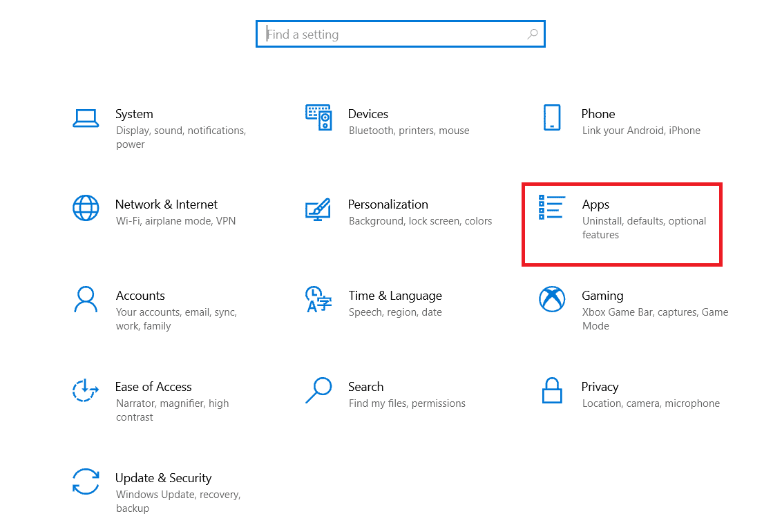Settings ကိုဖွင့်ပြီး Apps option ကိုနှိပ်ပါ။ PC တွင် Xbox Game Pass ထည့်သွင်းမှု Error 9x0e800700 ကို ပြင်ဆင်ရန် နည်းလမ်း 9 ခု