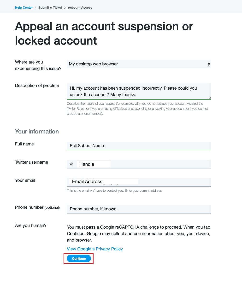 Haga clic en Continuar. | Cómo recuperar una cuenta de Twitter suspendida permanentemente