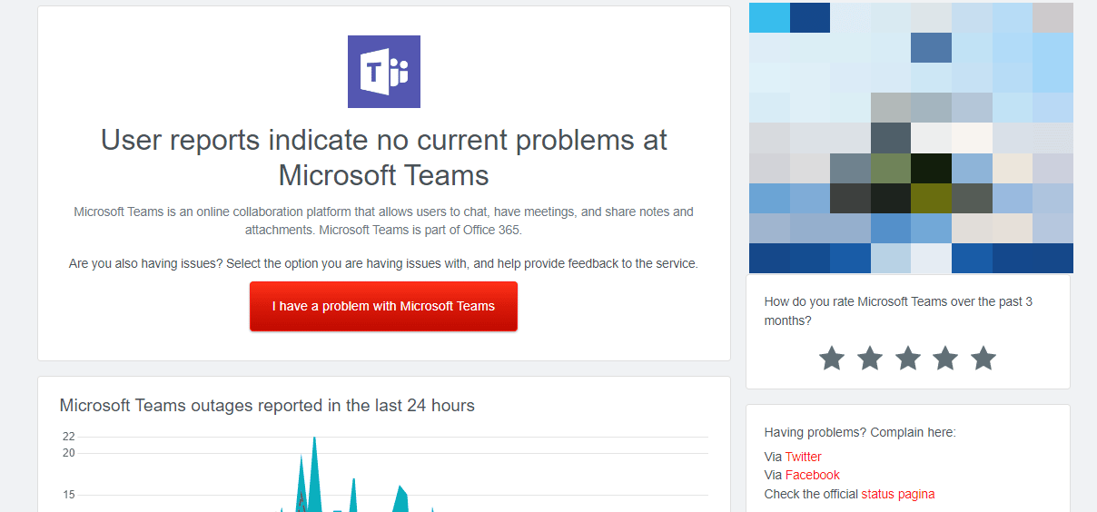 Microsoft Teams Downdetector page
