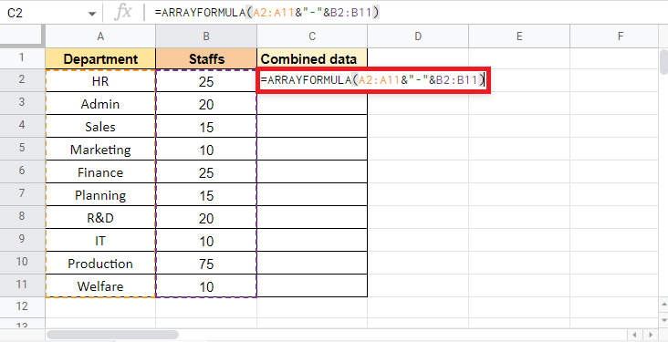 Close the bracket to complete the ARRAY Formula. How to Combine Two Columns in Google Sheets