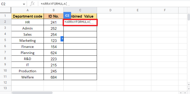 Start by applying the ARRAY FORMULA in cell C2 where we want the target value 