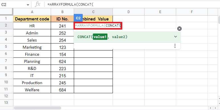Now type CONCAT to get started with the CONCAT function. How to Combine Two Columns in Google Sheets