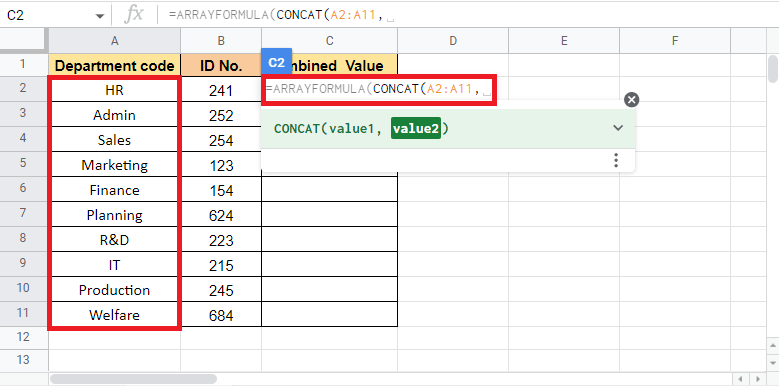 To enter value1 select the Department Code column and add a comma to move to the next value 