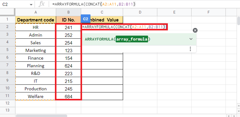 For value2 select ID No. column and close the bracket to complete the formula 