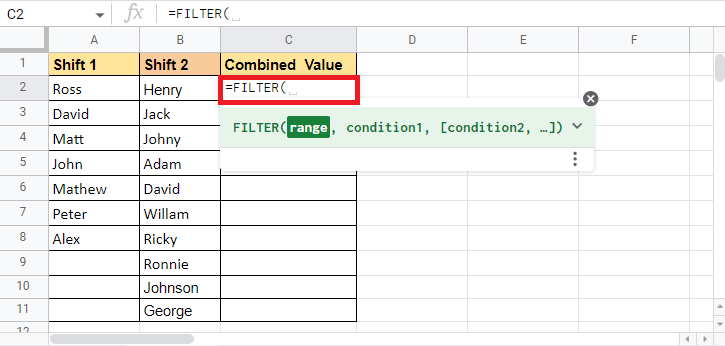 Start by entering the FILTER function in Cell C2 where need the target value 