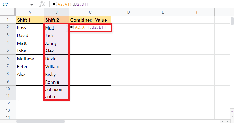 Add a semi-colon and select the second column which is Shift 2. How to Combine Two Columns in Google Sheets
