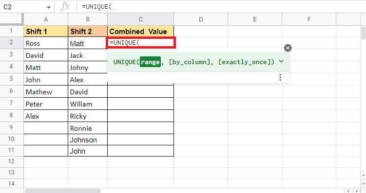 Start by putting an equal to and type the UNIQUE formula in cell C2 which is where we want the target value 
