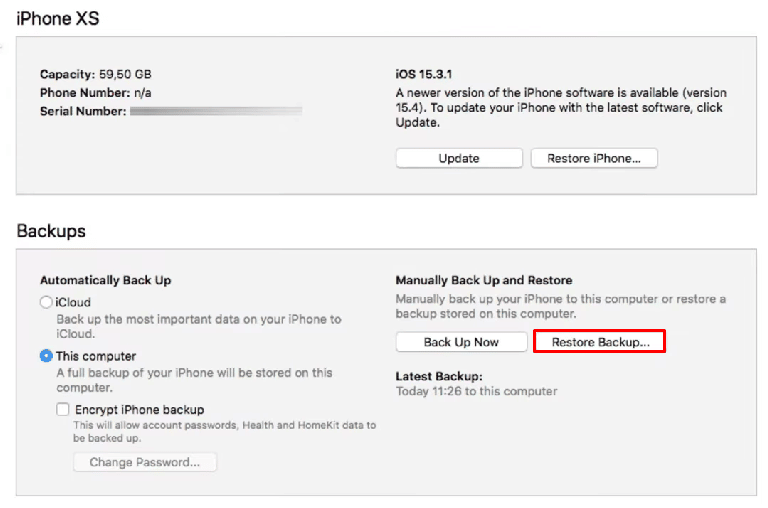 Now under the device menu, click on Restore Backup Option and then select a previous backup which you want to restore. | How to Fix All Contact Names Disappeared on iPhone