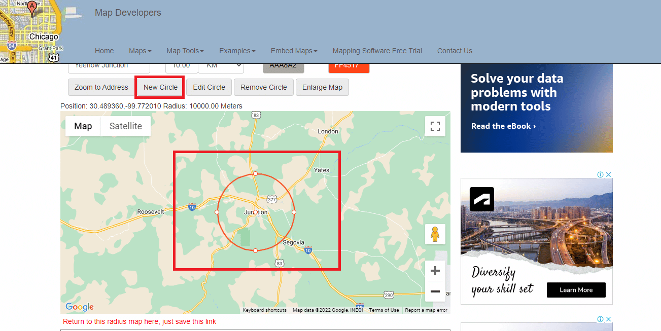 Click on New Circle option to add radius in the map