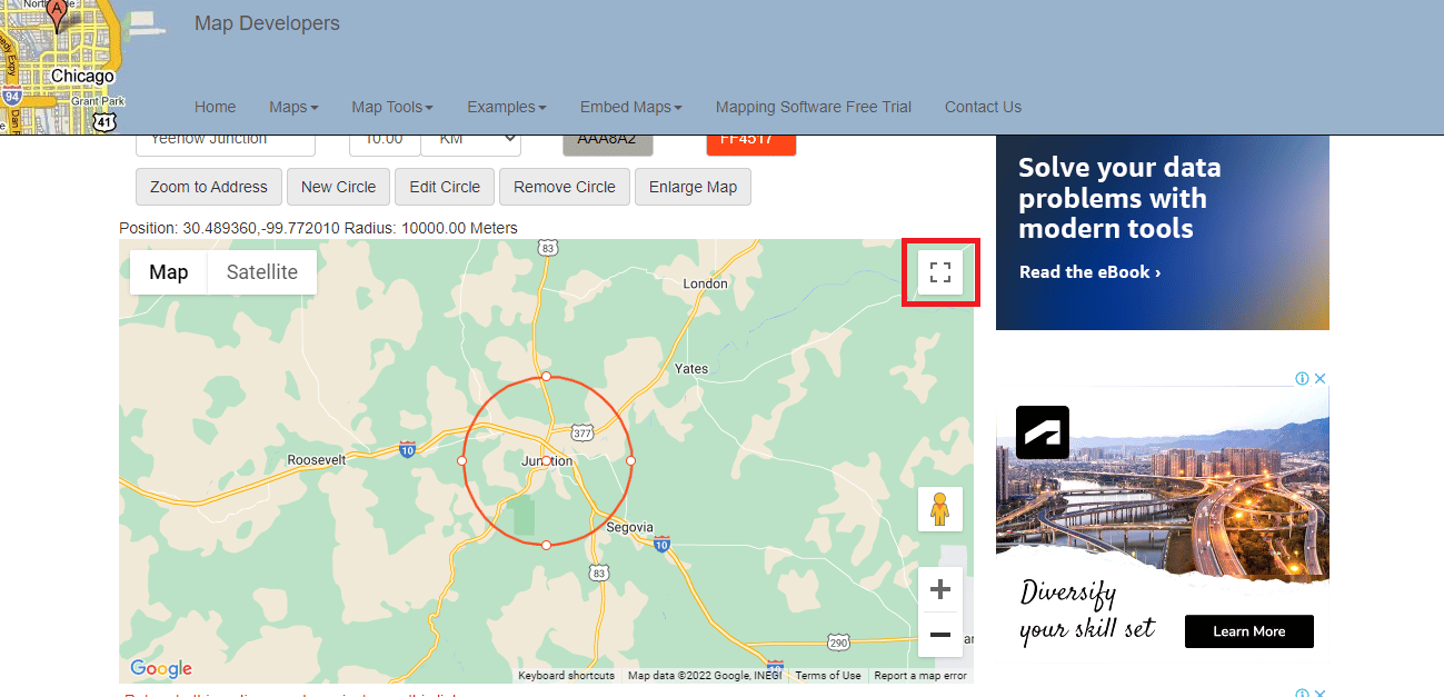 Click on the Full screen view icon to view the map on full screen