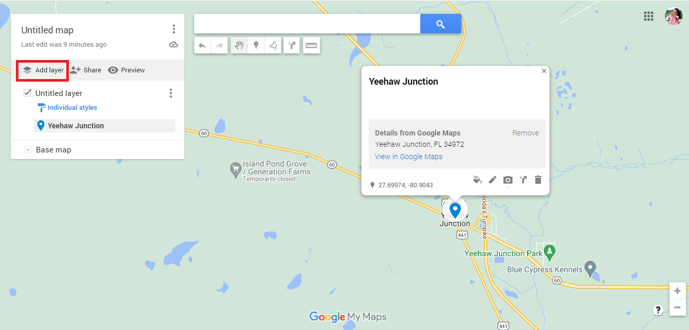 Go back to the new untitled Google Map and click on Add layer
