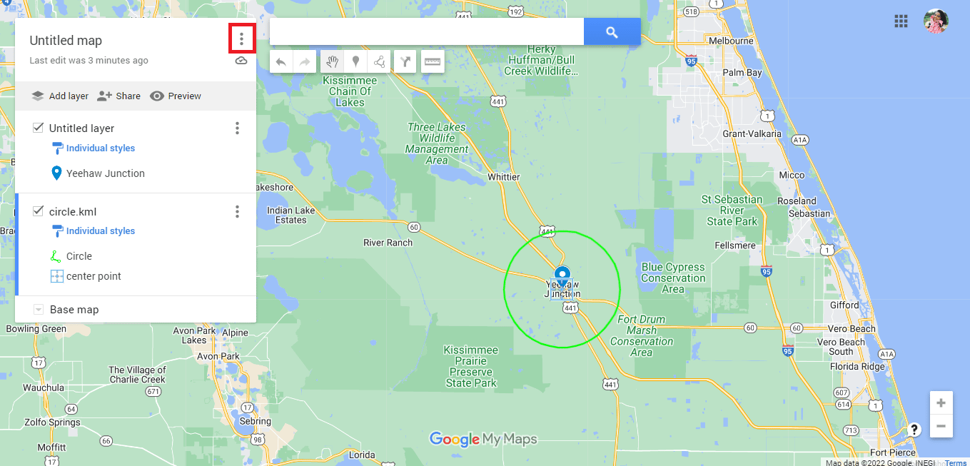 Click on the vertically aligned three dots. How to Draw Radius on Google Maps App