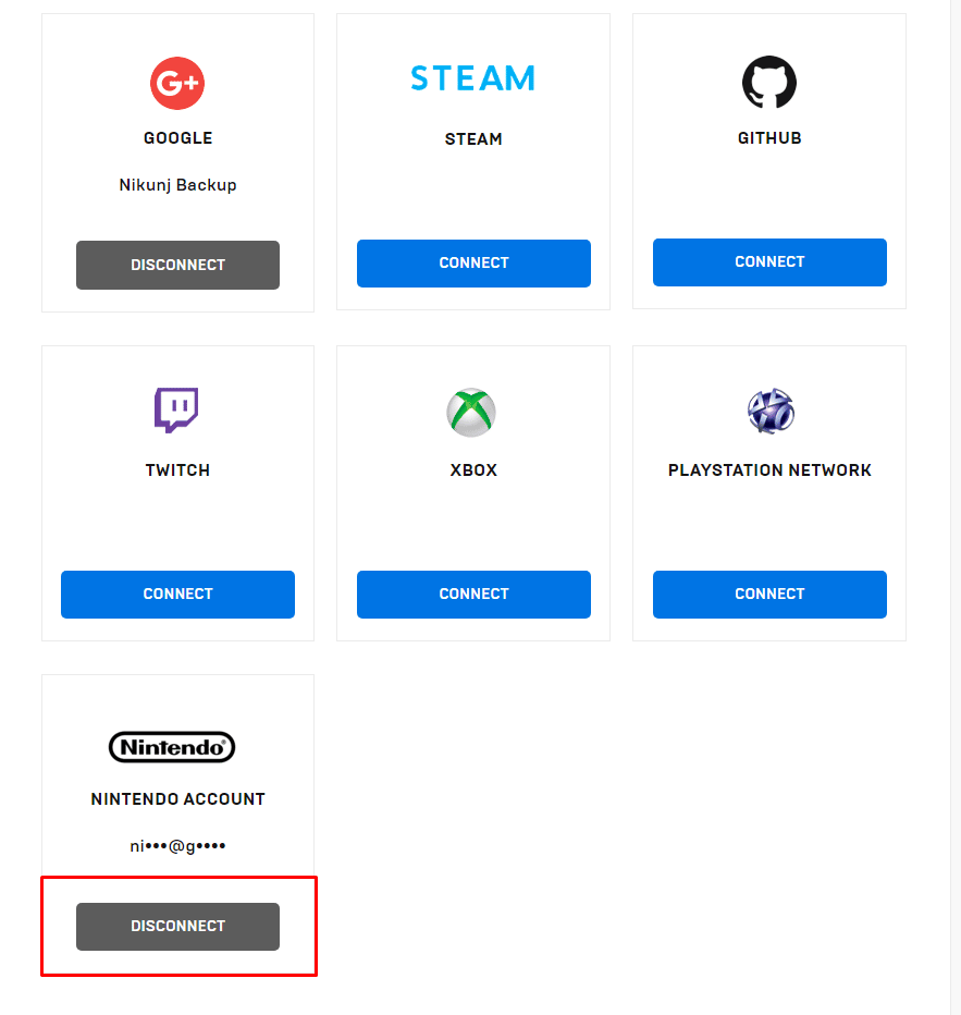 Klik op de DISCONNECT-knop onder het Nintendo-symbool | Hoe u uw Epic Games-account kunt ontkoppelen