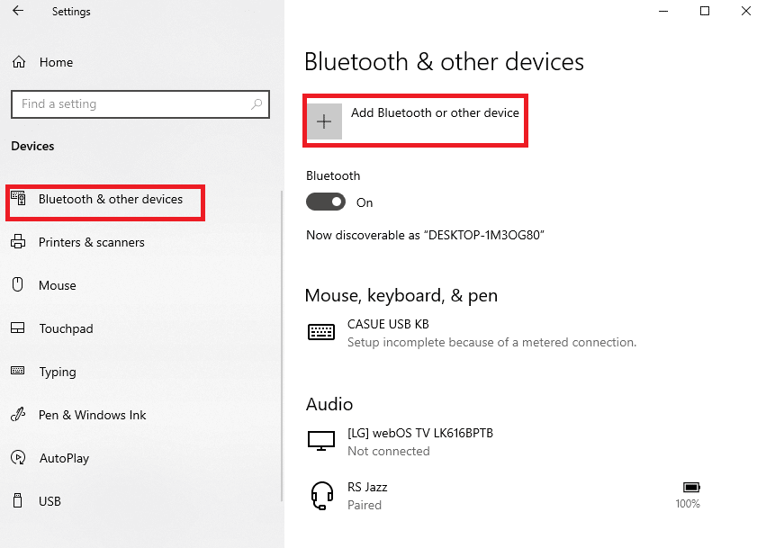 click on the Add Bluetooth or other device button