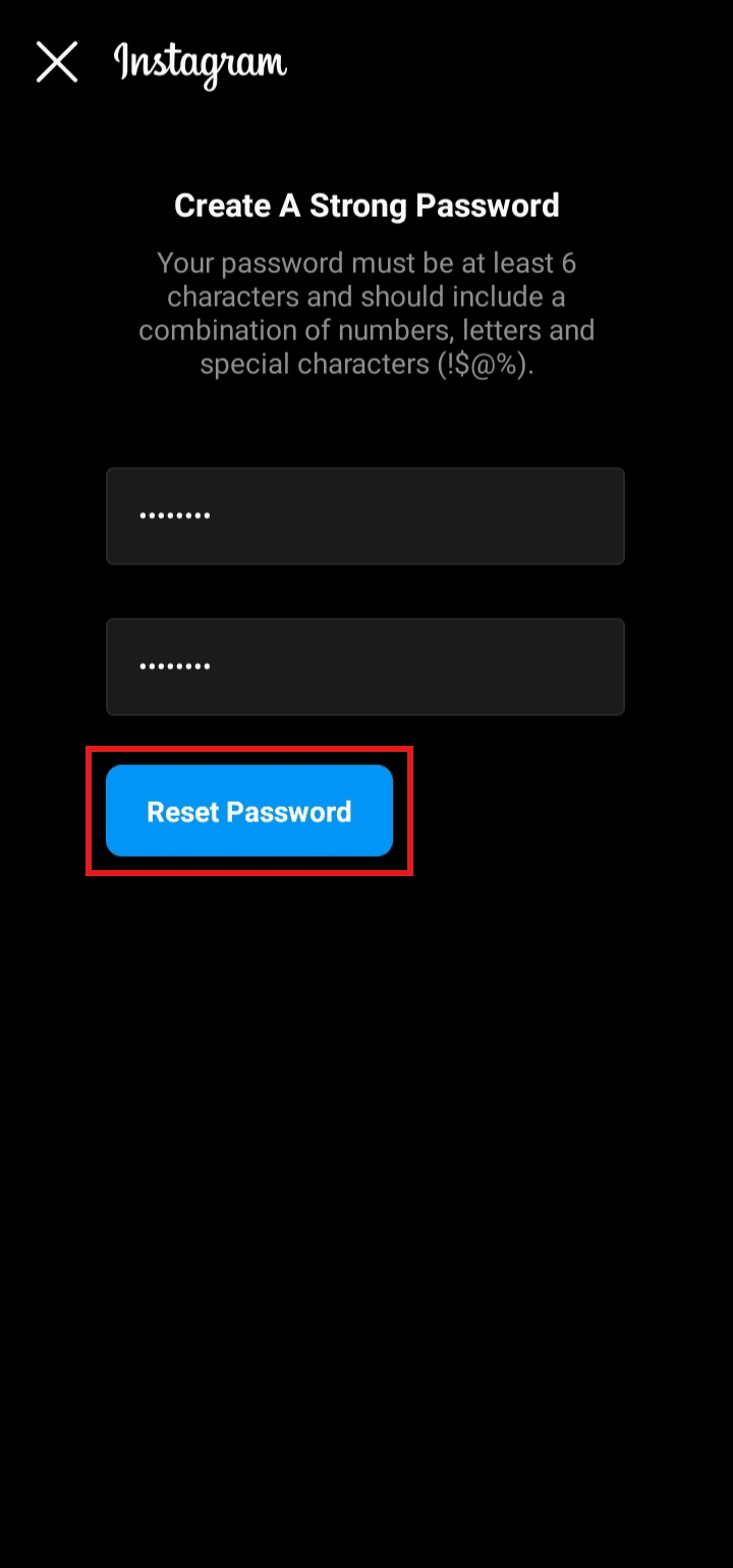 Enter the new password, confirm it, and click on Reset Password | How to change your password on Instagram