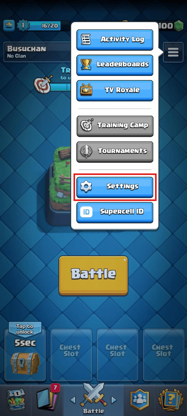 From the options tap on Settings. | remove Supercell ID from Clash Royale