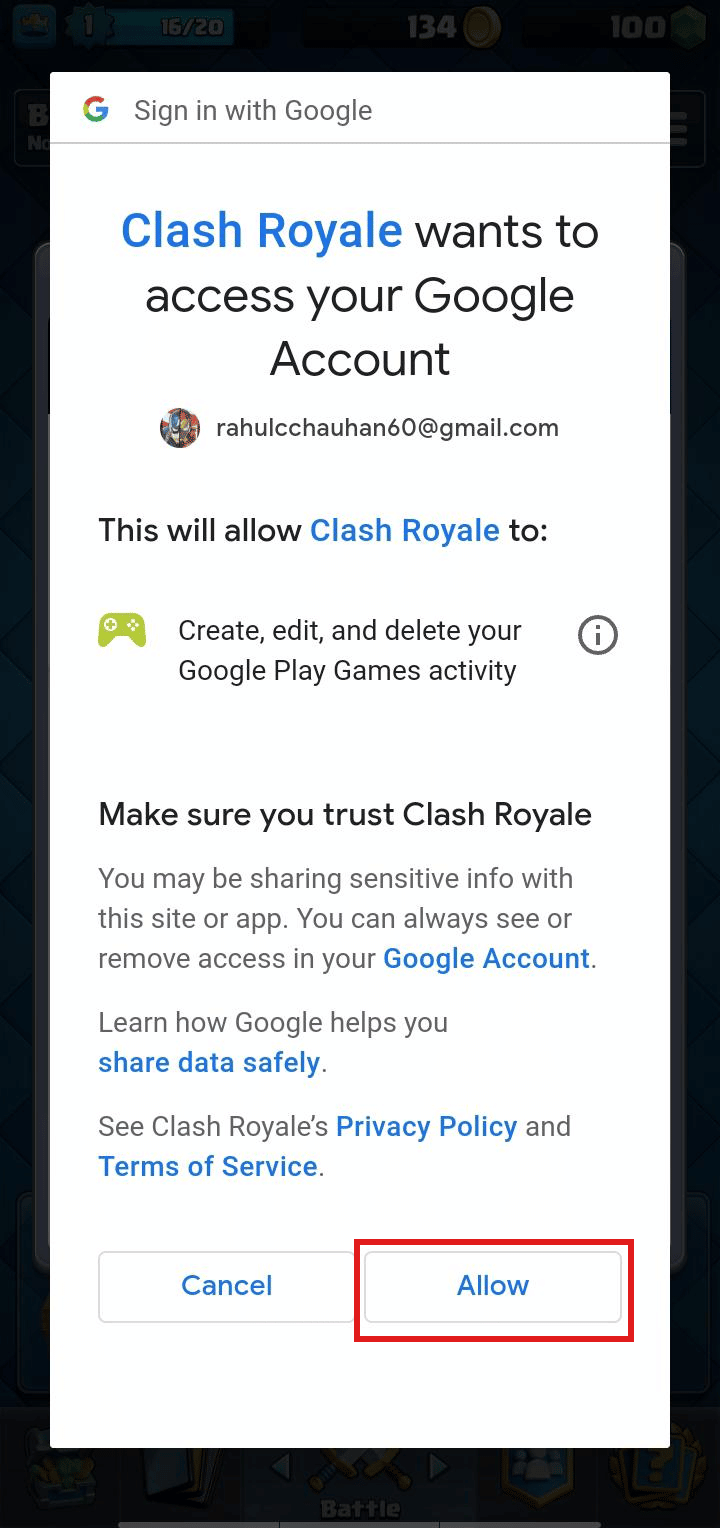 Tap on Allow | How to delete clash royale account | remove Supercell ID from Clash Royale