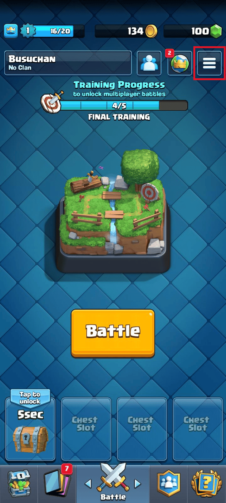 Tap on the hamburger menu icon on the top-right of the screen | How to delete clash royale account
