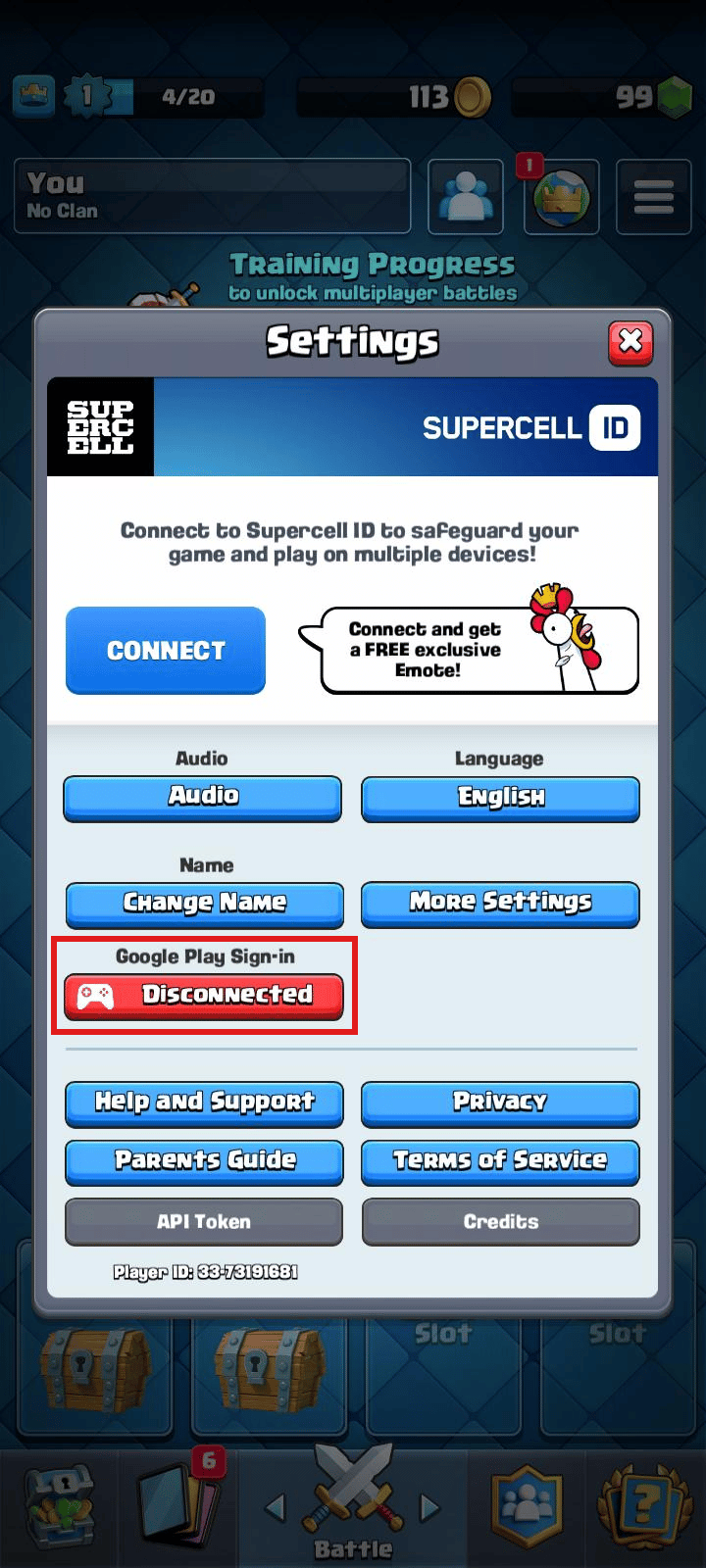 Tap on Disconnected. | remove Supercell ID from Clash Royale