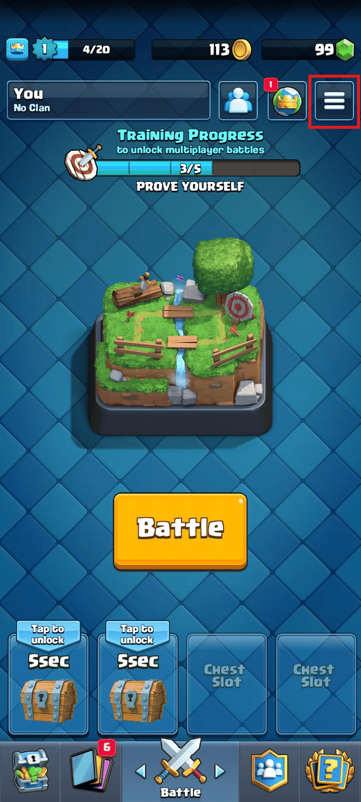 Tap on the hamburger menu icon on the top-right of the screen. | remove Supercell ID from Clash Royale