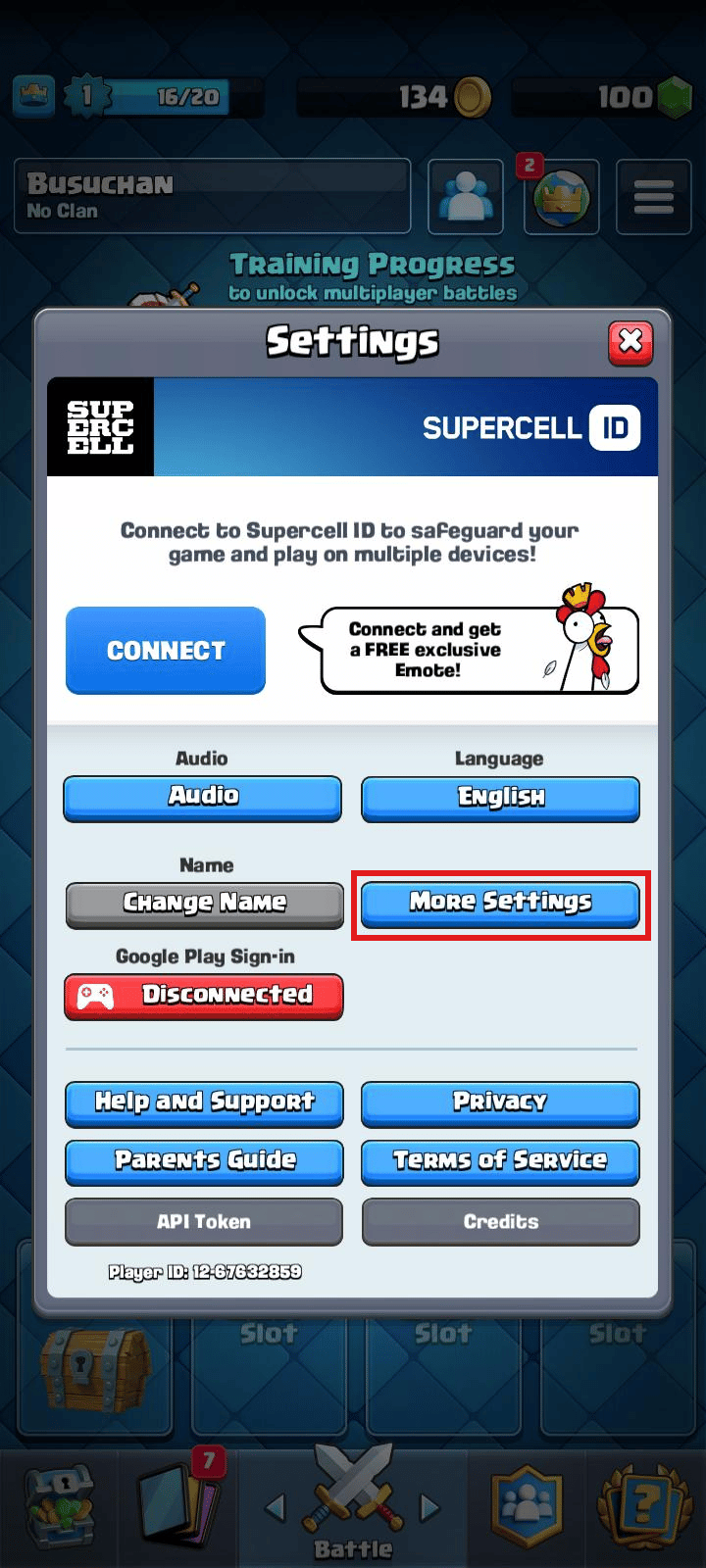Tap on More Settings | How to delete clash royale account