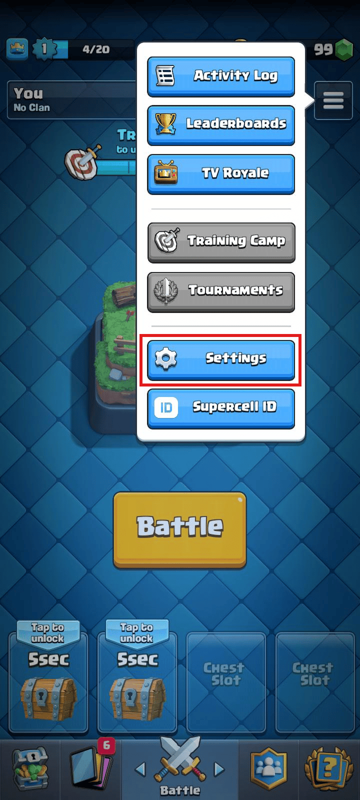 Tap on Settings | How to delete clash royale account