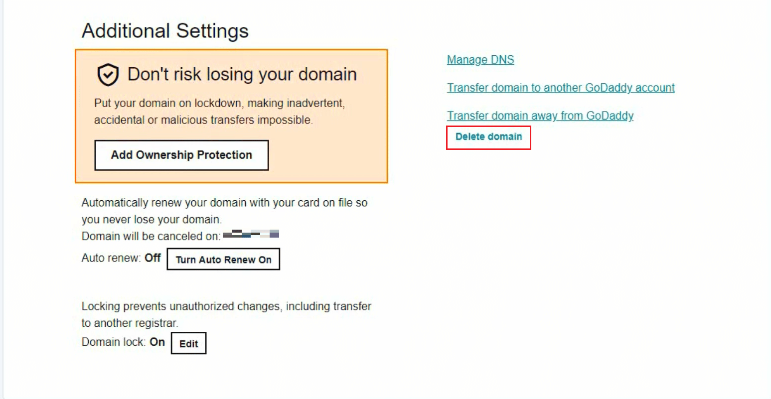 Scroll down to the bottom and click on the Delete domain option from the Additional settings section | How to Delete a Product on GoDaddy
