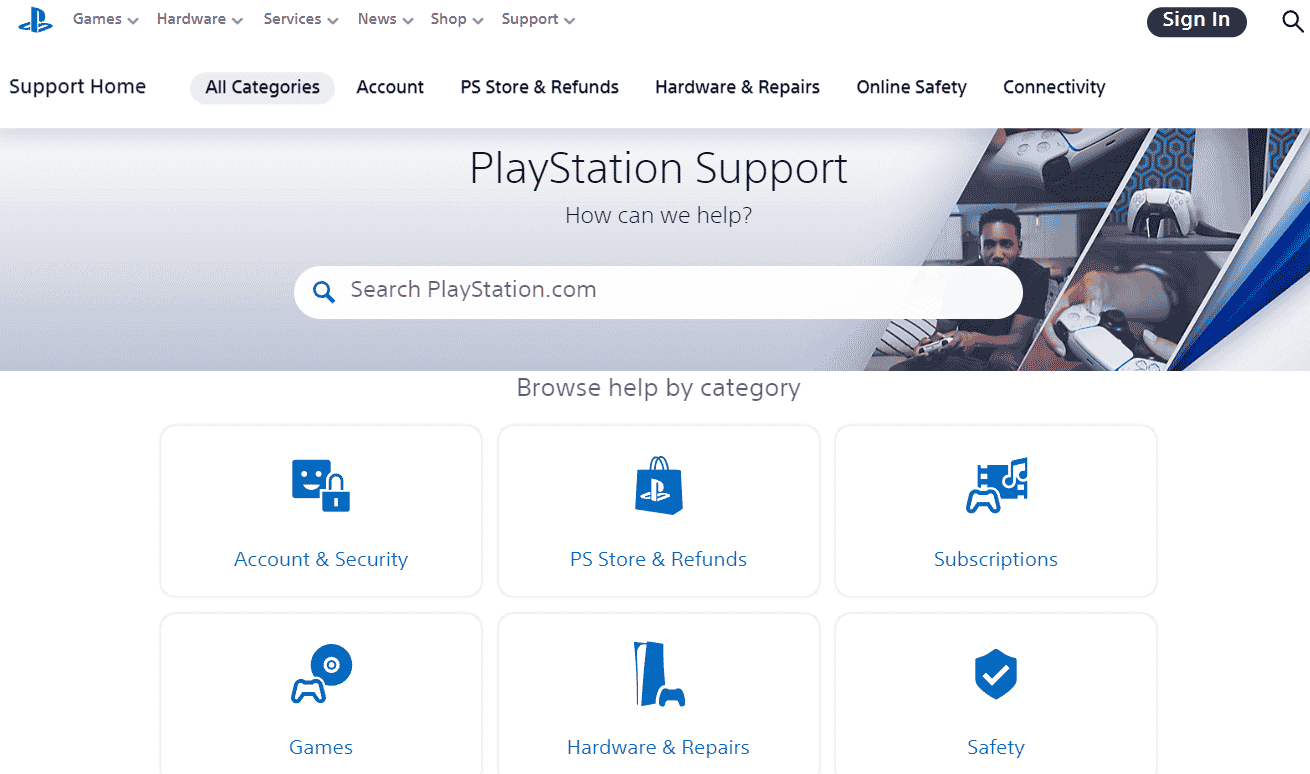 PlayStation support page