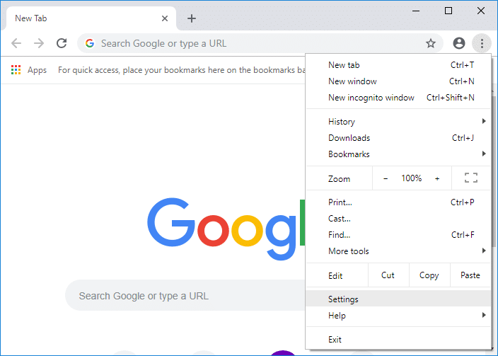 Click on More button then click on Settings in Chrome | Fix Cursor Or Mouse Pointer Disappear In Chrome
