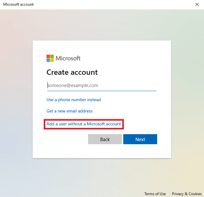 Haga clic en Agregar un usuario sin una cuenta de Microsoft. Cómo solucionar que el usuario especificado no tenga un perfil válido