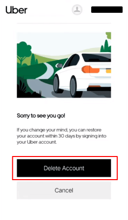 Ahora toque Eliminar cuenta para eliminar finalmente su cuenta Uber. | Cómo crear varias cuentas Uber