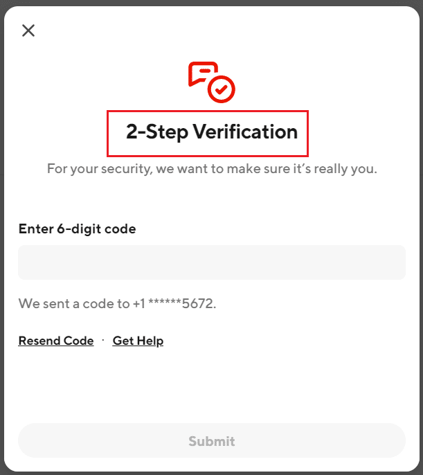 2 step verification in DoorDash website