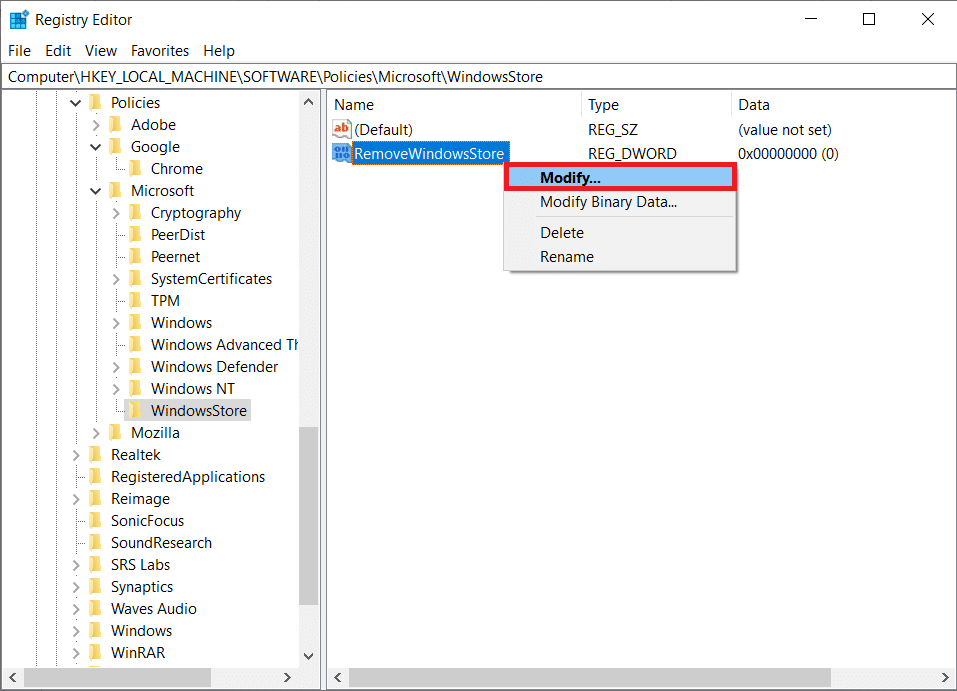 right click on RemoveWindowsStore and select Modify option