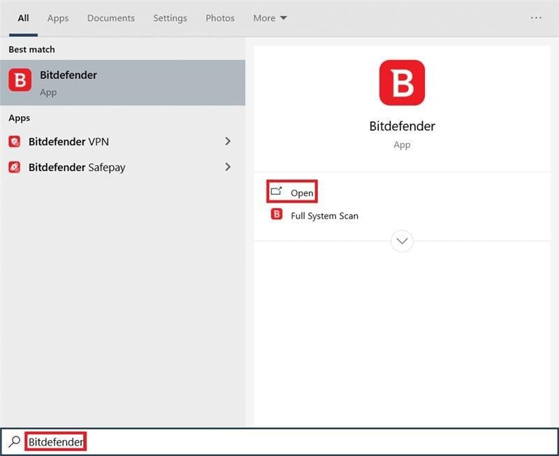 Click on Start and type BitDefender. Click on Open from the Start menu search results | how to disable antivirus temporarily