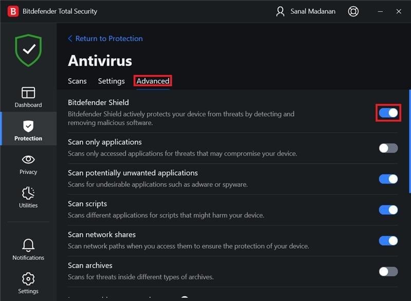 Click Advanced and use the switch toggle to turn off BitDefender Shield