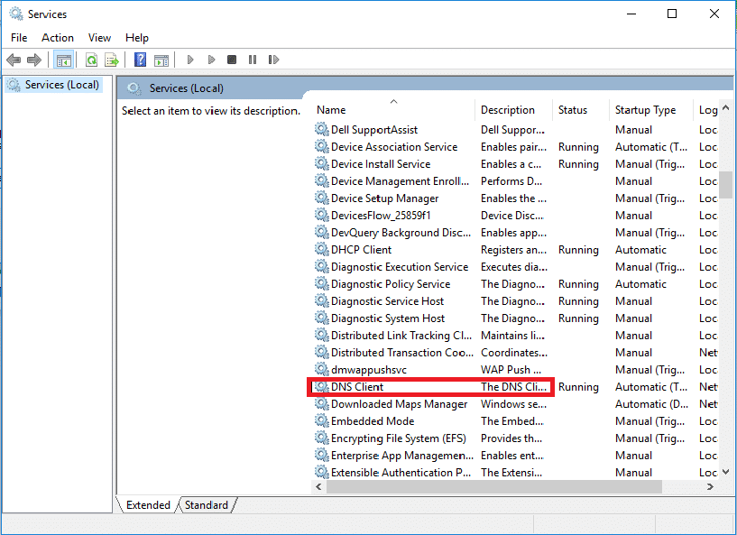 locate DNS Client service. Fix Server IP Address Could Not be Found on Windows 10