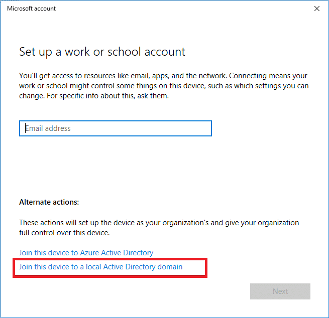 A Set-Up Window will open, click on ‘Join this device to a local Active Directory Domain’ at the bottom.
