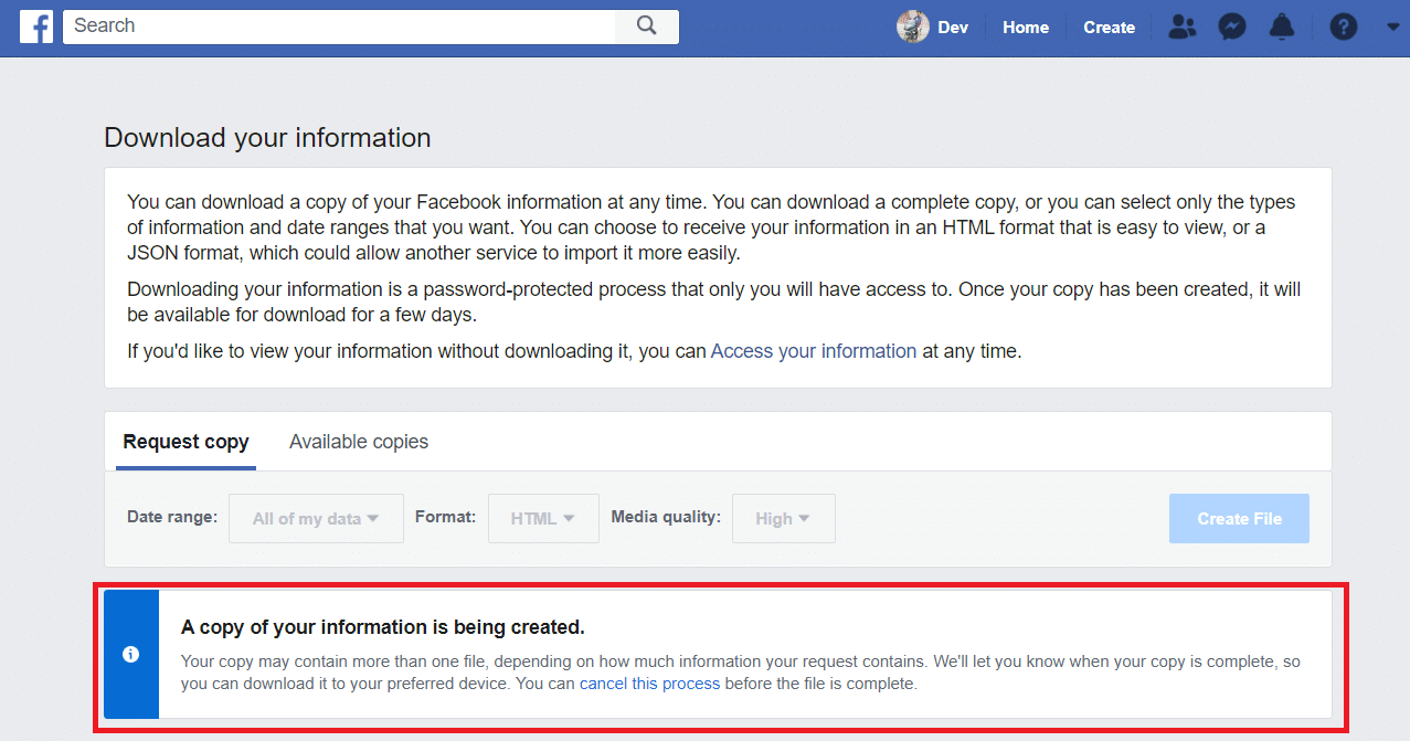 正在创建您的信息副本 将您的 Facebook 个人资料转换为企业页面