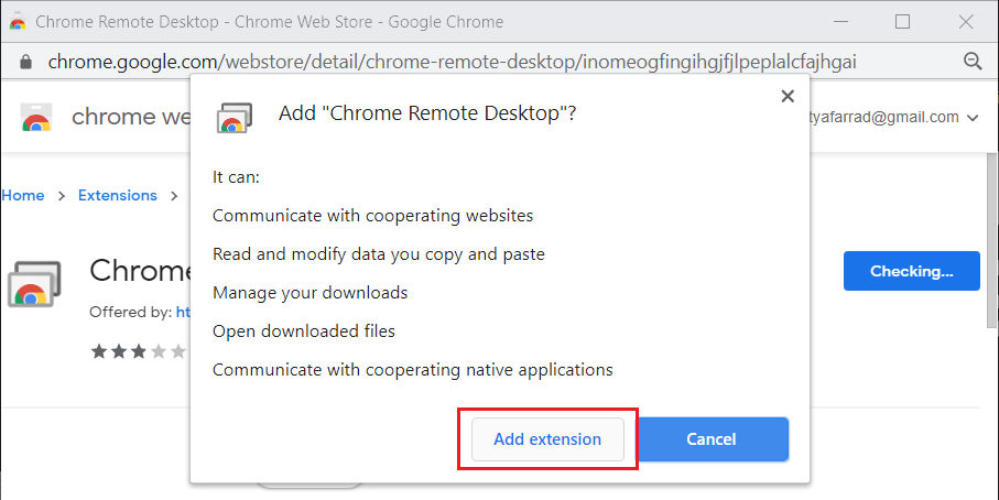 A dialog box asking you for confirmation to Add Chrome Remote Desktop will appear