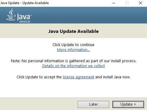 A dialog box of Java Update available will open up | Fix Minecraft Crashing Issues
