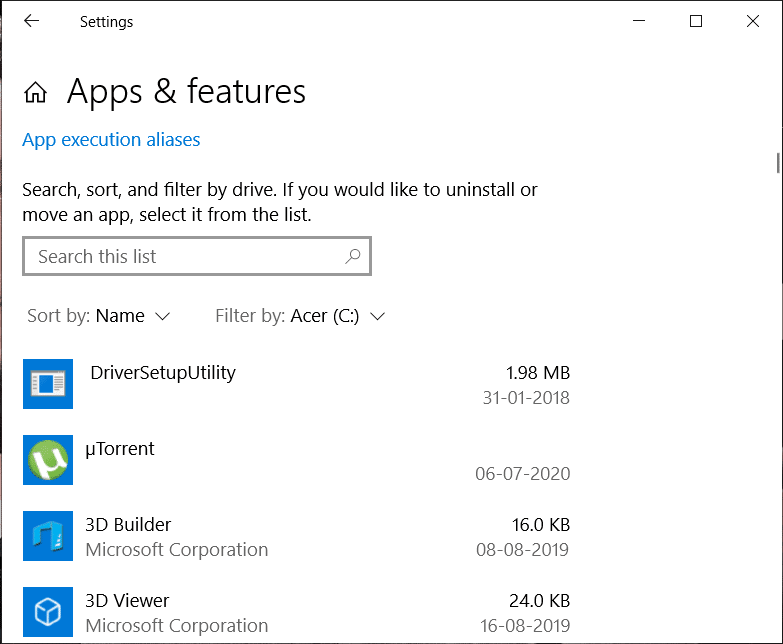 A list of all the apps and programs installed on your system will appear