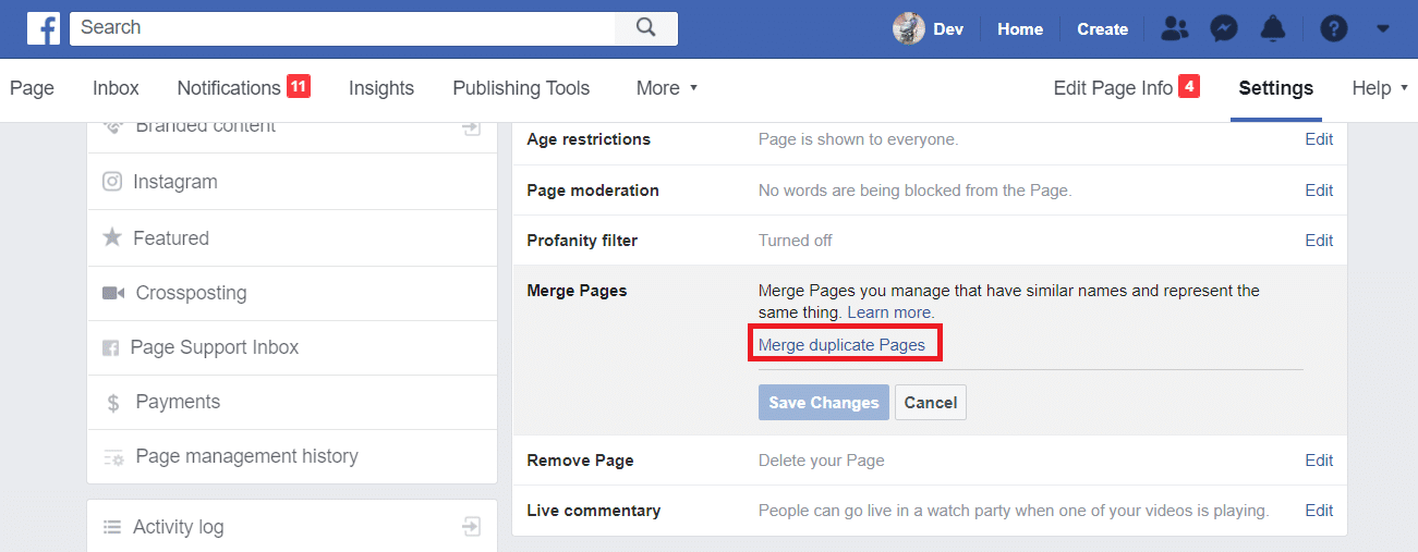 سوف القائمة المنبثقة. انقر على دمج الصفحات المكررة. تحويل ملفك الشخصي على الفيسبوك إلى صفحة أعمال
